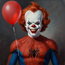 grunge painting of spiderman with a wide smile and a red balloon by chris leib, loony toons style, pennywise style, corpse bride style, horror theme, detailed, elegant, intricate, conceptual, volumetric light