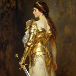 detailed movie poster, bride seen from the side, mars, detailed gold bikini armor, sword, portrait, oil painting, by leyendecker,
