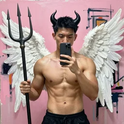 A mirror selfie of a handsome muscular man with white angel wings and black devil horns, holding iPhone, pitchfork, pink background abstract Basquiat oil painting with thick paint strokes