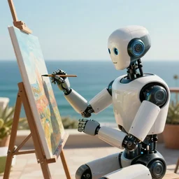 an high resolution photo of a robot paiting a picture on a terrace over the sea, hyper detailed, photography, realistic, art, 8 k, unreal engine, cinematic, shallow focus, f 2. 8 3 5 mm, kodak film, 3 5 mm film