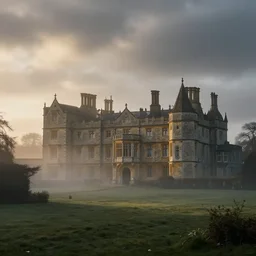cinematic shot of an old english mansion, manor, misty, first light, concept art, dramatic clouds, soft light, by greg rutkowski and jakub rozalski and eytan zana