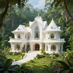 a futuristic beautiful white mansion in the jungle, realistic, concept art, digital art, well detailed, 8k, by Thomas Kinkade