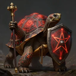 a anthropomorphic tortoise with glowing red arcane runes painted on his shell, dressed like a cleric, holding a pentagram shield, award - winning 4 k fantasy artwork, franz frazetta, high resolution, intricate detail