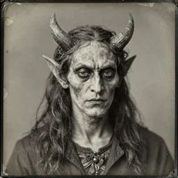 portrait of demon, old vintage photography, daguerreotype, damaged photo, film artifacts, scratches, tears, hyperrealistic, ultra detailed, 4 k