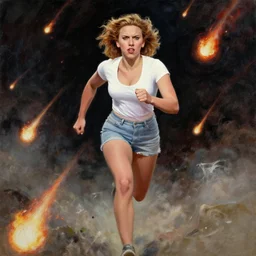 grimacing Scarlett Johansson running from falling comets towards the camera, very very very epic painting by Mark Brooks
