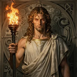 portrait of of god prometheus wearing a toga robe in front of biomechanical gate holding an lit flaming torch, sharp eyes, hyper realistic face, fantasy art, greg rutkowski, intricate, alphonse mucha, hyper detailed engraving, concept art, elden ring, illustration, smooth, sharp focus, by gustave dore and greg rutkowski