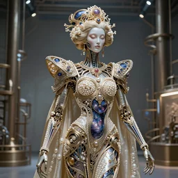 a incredible elegant hollow bionic art nouveau alien galaxy japanese pearl queen superheroe, with ornate jewelled, sci - fi, high - tech, the met museum, streamlined, futuristic, spot lighting, led, photorealistic, high detailed, concept art, exquisite aristocratic, industrial factory by leonardo da vinci rendered in octane 8 k