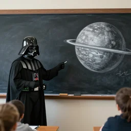 darth vader giving a lesson to his classroom at the black - board, death - star illustration on the board,