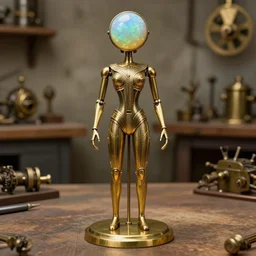 brass automaton in art deco style with a round polished opal instead of a head, full body, workshop background, steampunk style, concept art, artstation trending, high detail, warm light