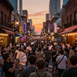 futuristic crowded bourbon street, color lights, sunset, fanfare, hyperdetailed, artstation, cgsociety, 8 k