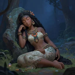 polynesian sleeping sitting goddess, photo lemurian night, detailed soft digital fantasy art