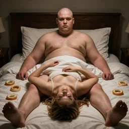 Shirtless bald fat man on bed with girlfriend and Onion rings everywhere, realistic artstyle, wide shot, dramatic lighting, octane render, hyperrealistic, high quality, highly detailed, HD, beautiful, cinematic, 8k, unreal engine, facial accuracy, symmetrical