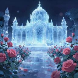 rose garden of the ice crystal palace. award - winning 3 d anime by an indie studio, heavily stylized, rimlighting, depth of field, limited palette, impressionism, chiaroscuro, bokeh.