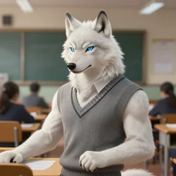 photograph of a male anthropomorphic albino wolf fursona wearing a sweater vest in a school classroom, deep focus, intricate, elegant, highly detailed, digital painting, artstation, concept art, matte, sharp focus, illustration, d & d, fantasy, hearthstone, art by artgerm and greg rutkowski and alphonse mucha