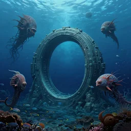 intergalactic stargate portal in the middle of a deep ocean, with strange sea creatures swimming around it and a school of fish in the foreground by zdzislaw beksinski