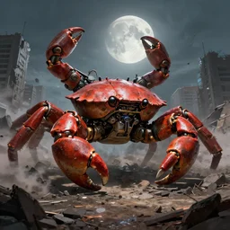a very big giant mechanical weapons battle armor crab in the middle of war - torn battlefield of a crumbling city, dim sky, very big moon, some smoke, artstation, concept art, smooth, sharp focus, vivid grunge, illustration, superior quality, very detailed, wide angle, by bilibin, kuvshinov, malevich and mucha