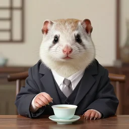 the portrait a weasel in a suit sit and drink chinese tea by wenjun lin, irakli nadar, bright colors, octopath traveler, wenjun lin, unreal engine 5 highly rendered, global illumination, radiant light, detailed and intricate environment