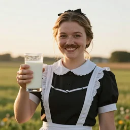 award winning photo of Dutch milk maiden smiling with a milk mustache, holding a large glass of milk, golden hour, 4K, HD