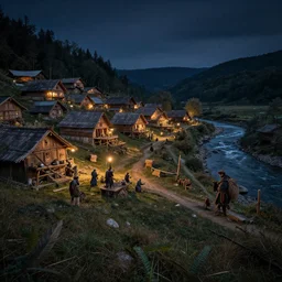 a ground photo of a goblin village near a river at night, photorealistic, 8k, high detail, high quality, dramatic lighting, HDR