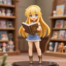 full body portrait of a happy blonde nendoroid anime girl reading a bronze age mindset book, nicoletta ceccoli, mark ryden, lostfish, max fleischer, depth of field, detailed store environment as background, 8 k resolution, hyperrealistic, octane render