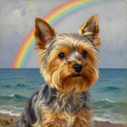 a gray and brown Yorkshire Terrier under a rainbow at sea by Michael Sowa, head and shoulders portrait, golden hour, extremely detailed masterpiece, oil on canvas, by J. C. Leyendecker and Peter Paul Rubens and Edward Hopper and Michael Sowa,