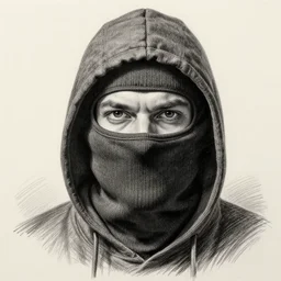 thief but without balaclava, thief's face close, realistic pencil scratch