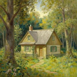 a painting of a cottage in the woods by Thomas kinkade