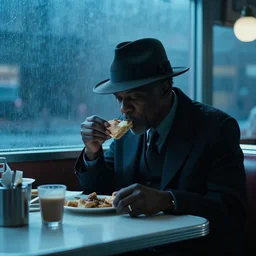 movie scene of an old black detective wearing a fedora hat eating breakfast alone in a diner. cool blue lighting, moody vibe, rainy day, dark knight ( 2 0 0 8 ) set in 1 9 8 2. light haze. cadillac. cinemascope. detective noir in color. scorcese. david fincher se 7 en. fred herzog