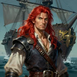 an epic fantasy comic book style portrait painting of a long haired, red headed male sky - pirate in front of an airship in the style of bayard wu