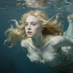 Painting of Elle Fanning underwater, long blonde hair, delicate, pale milky white porcelain skin, Rococo. 8K. Extremely detailed.