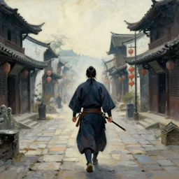 feudal samurai, ronin, impressionist style, wandering, city, old china