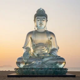 a giant glass buddha sculpture made of glass, on the beach, at sunset, golden hour, photograph