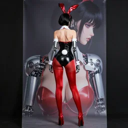 girl wearing robotic suit, high detail, back view, bunny suit playboy, tight suit, nurse's leather suit, in red velvet stockings, red bra, high shoes, full length, very anime, fine - face, audrey plaza, realistic shaded perfect face, fine details. anime. realistic shaded lighting poster by ilya kuvshinov katsuhiro otomo ghost