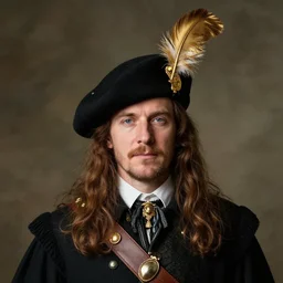 a portrait of a Scottish laird, wearing a bonnet with a golden eagle feather.