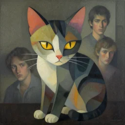 portrait of a cat, colorful, modern art deco, mads berg, karolis strautniekas, christopher balaskas, stippled light, moody, fine texture, editorial illustration, dramatic lighting, dynamic composition, detailed, matte print, dynamic perspective, muted color, ( ( victo ngai ) ), wide angle, low fog