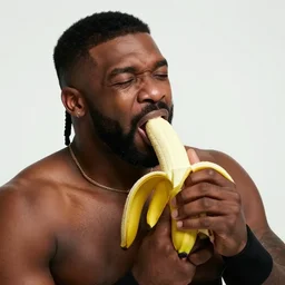 drake suckling on a banana, looking euphoric