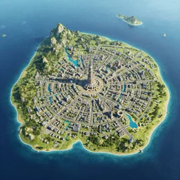 Large Fantasy City in the middle of an island in the ocean, city plans