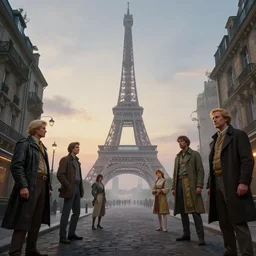 a futuristic street with eiffel tower in the background, misty evening, fantasy art, highly detailed matte painting, low angle view, telephoto lens 2 0 0 mm, by stanley artgerm lau, greg rutkowski, thomas kinkade, alphonse mucha, loish, norman rockwell, artstation