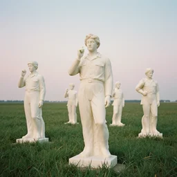 army of bloody marble statues in a field of grass, film photo, soft lighting album cover, nostalgia, gradient