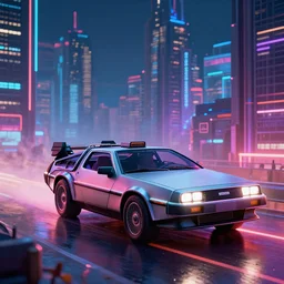 delorean in a cyberpunk city with skyscrapers, artstation award winner, digital art, volumetric lighting, neon colors, short telephoto, octane render