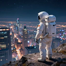 An astronaut watching the city from a mountain, digital art, trending on artstation, HDR