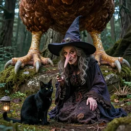 a fabulous old witch with a cunning face, a long nose and a wart on it. there is a black cat nearby. the background of huge chicken paws, on top of them is a hut. fabulous enchanting dense forest around. very clear image. hyperrealistic.