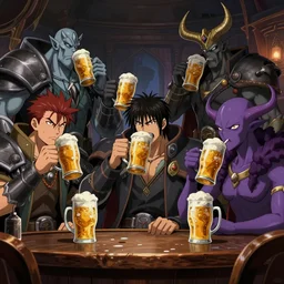 anime style warcraft 3 characters drinking beer in postapocalyptic bar, arthas, nerzul, archimond, ktun, nzoth