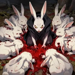 very very aggressive bunnies thirsty for blood, injuries, beheaded bunnies, very red blood, blood, killing, grotesque, grotesque, assassin rabbit of caerbannog, makoto shinkai, james ryman, overgrowth game style, watership