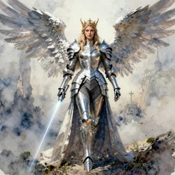 concept art of an empress angel in armor gothic outfit, pinterest, artstation trending, behance, watercolor, by coby whitmore, silver, laser light,
