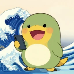 animated platypus laughing and holding phone, Hokusai,-n5