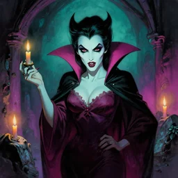 portrait of carmilla vampire, gothic horror, by frank frazetta, candlelit catacombs, vibrant colors, teal and magenta