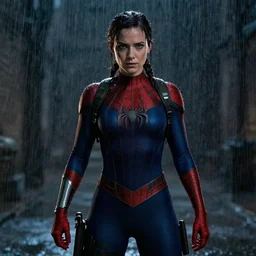 cinematic of lara croft as spiderman, dramatic rain, 8 k, moody lighting