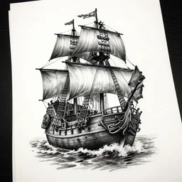 A realistic black and white tattoo design sketch of a pirate ship, highly detailed tattoo, shaded tattoo, hyper realistic tattoo