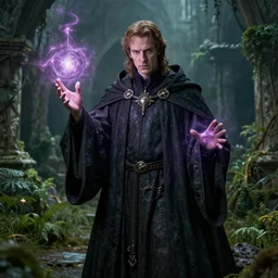 detailed portrait of gregory house as a mage, sorcerer robes, cloak, magical, bright spells, fantasy, ruins, overgrown plants, atmosphere, 8 k high definition, insanely detailed, intricate, by charlie bowater, johan grenier